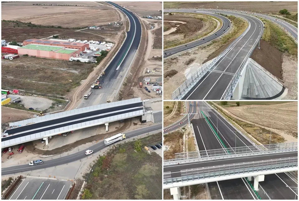 Vedere aeriană a unei porțiuni de drum asfaltat cu linii albe, trecând peste o altă arteră rutieră prin intermediul unui pod.