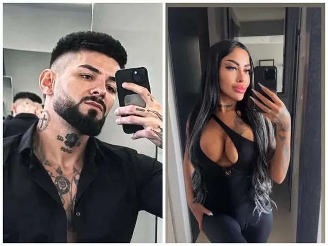 Două fotografii de tip selfie în oglindă prezintă un bărbat cu barbă și tatuaje și o femeie cu părul lung și tatuaje.