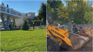 Imagine compusă cu o clădire albă pe un covor de iarbă și un utilaj de construcții galben cu textul LIEBHERR.