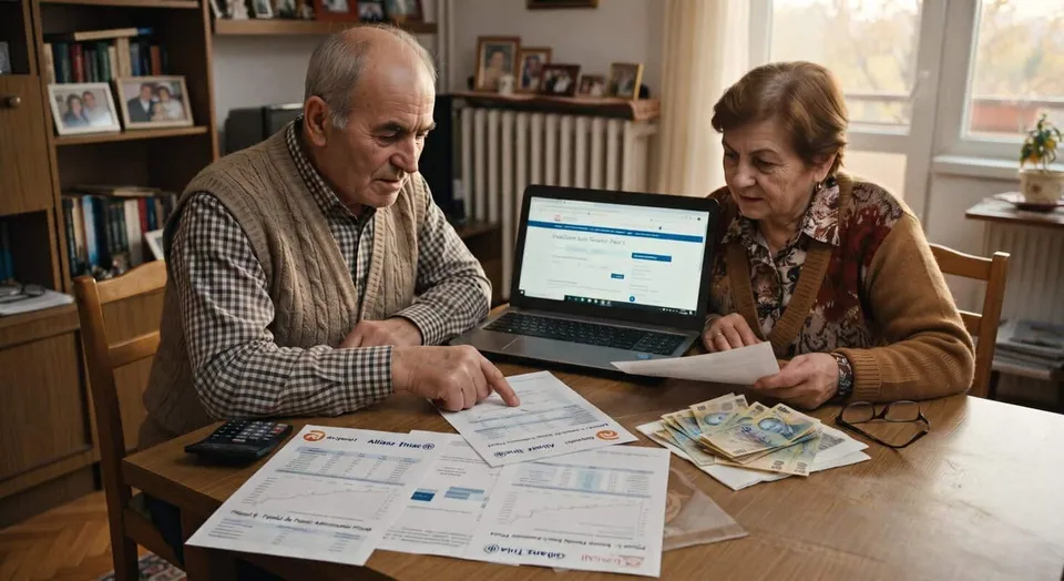 Un bătrân și o femeie stau la o masă de lemn, consultând documente de pe suprafață și un laptop deschis.