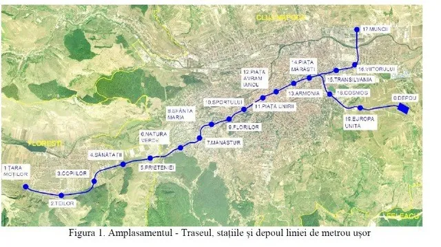 O hartă aeriană prezintă un traseu de metrou marcat cu linii și puncte albastre pe un fundal de teren verde și zone urbanizate.