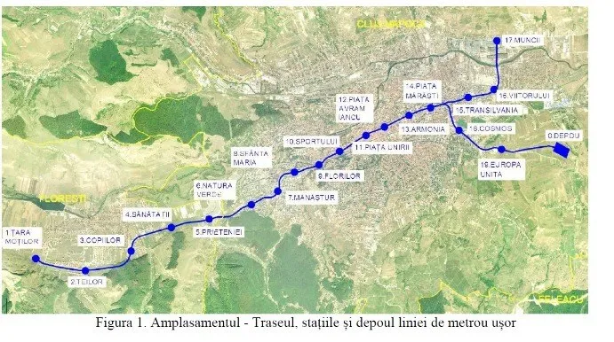 O hartă aeriană prezintă un traseu de metrou marcat cu linii și puncte albastre pe un fundal de teren verde și zone urbanizate.