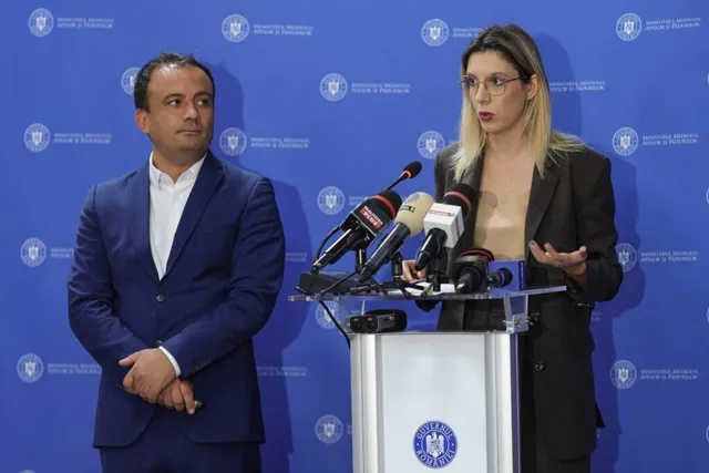 O femeie cu ochelari și un bărbat stau în fața unui fundal albastru cu embleme, lângă un podium cu microfoane.
