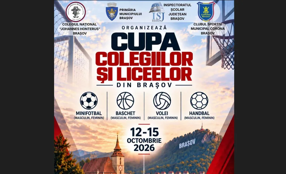 Un afiș informativ prezintă titlul unui eveniment sportiv, diverse tipuri de mingi și un peisaj montan cu o clădire și un turn.