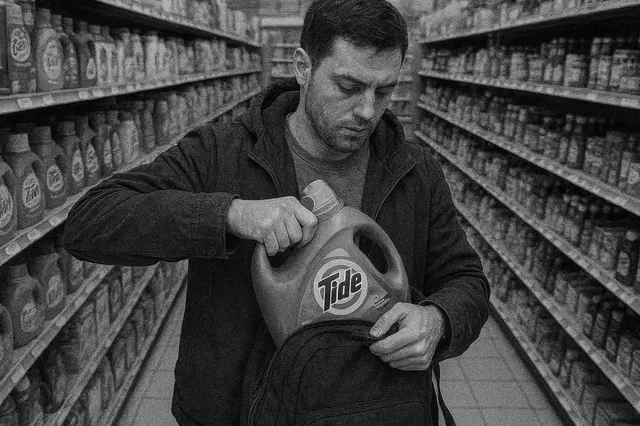 Un bărbat cu o haină închisă la culoare ține o sticlă de detergent în fața unei genți deschise, într-un magazin cu rafturi pline.