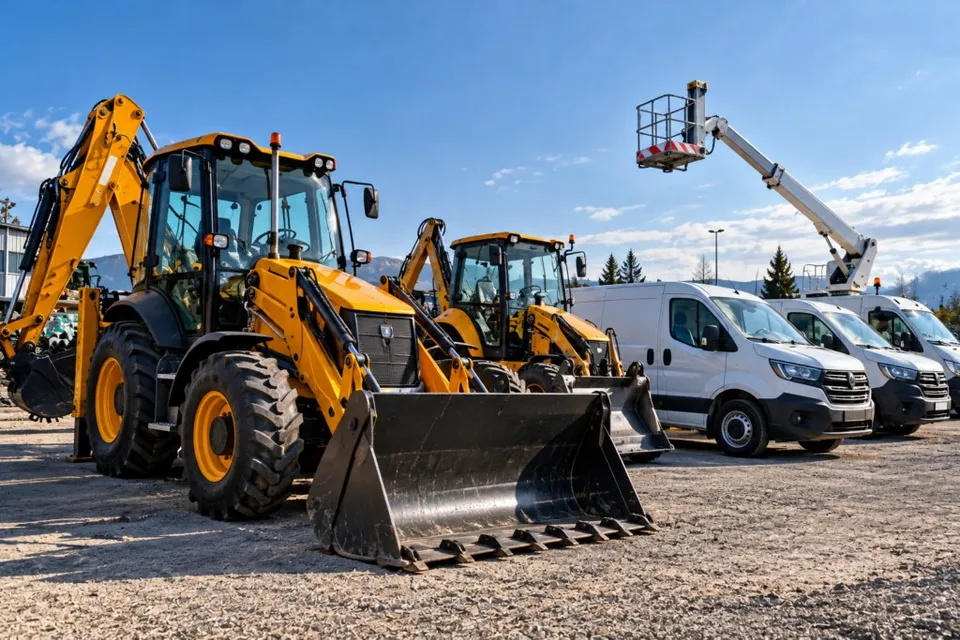 Mai multe utilaje de construcții galbene și autovehicule albe sunt parcate pe un teren de pietriș sub un cer senin.