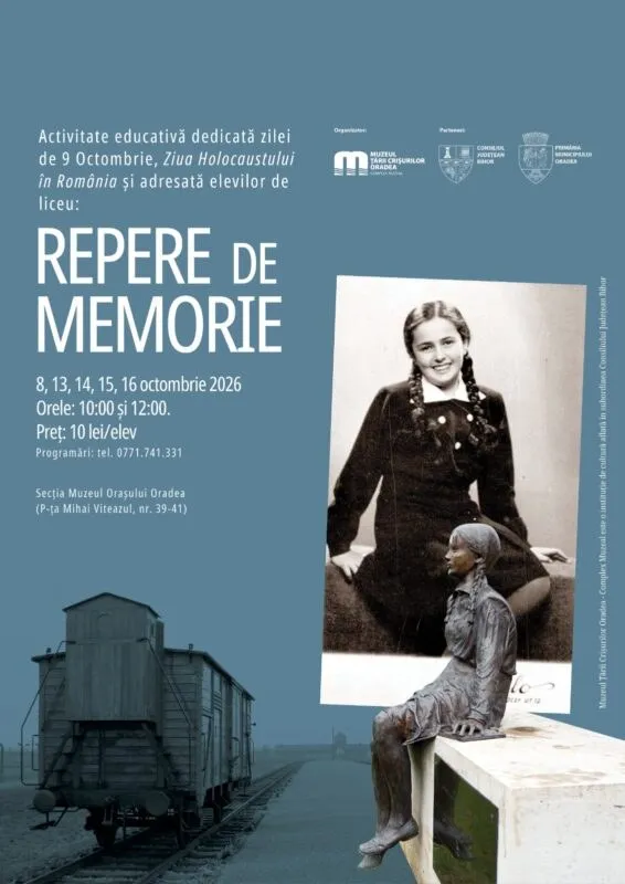 Un afiș albastru prezintă textul Repere de Memorie, o fotografie alb-negru cu o fată și o sculptură a unui copil așezat pe un bloc.