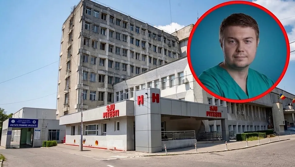 O clădire de spital cu ferestre multiple este în fundal, iar în prim-plan apare un portret circular cu un bărbat purtând haine verzi de medic.