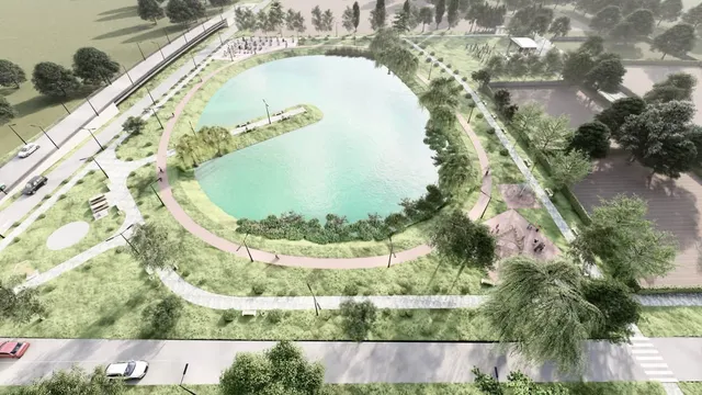 O reprezentare grafică de tip plan de sus arată un lac circular înconjurat de alei, vegetație și drumuri într-o zonă verde.