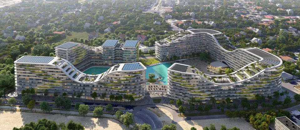 Reprezentare digitală a unui complex rezidențial modern cu clădiri curbe, terase verzi și o piscină centrală înconjurat de vegetație și case.