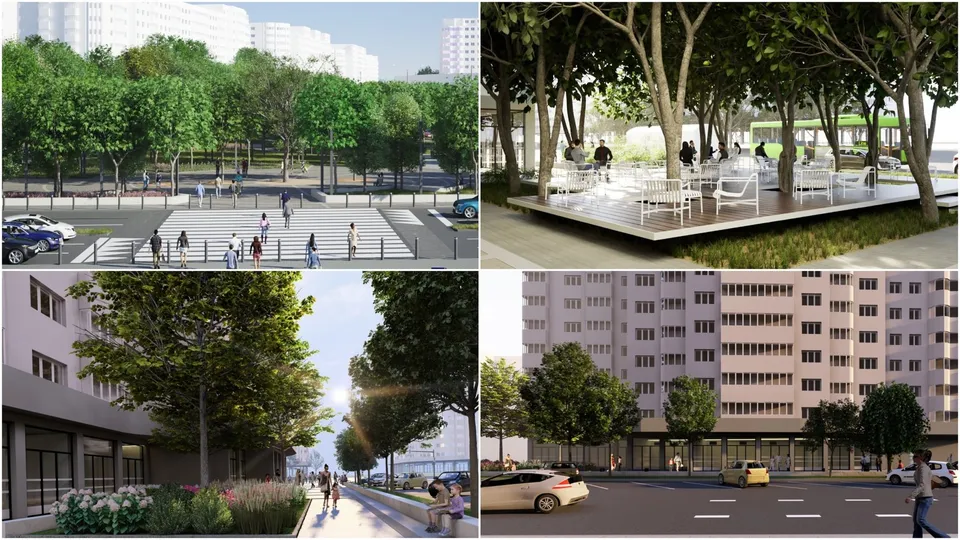 Imagine compusă din patru randări arhitecturale digitale prezentând zone verzi, alei pietruite, clădiri rezidențiale și drumuri urbane cu mașini și arbori.