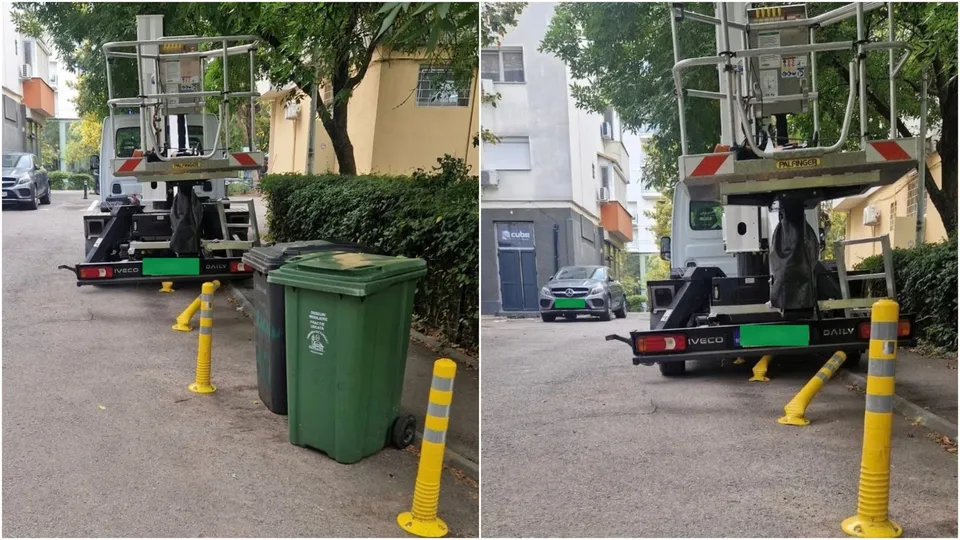 Două fotografii prezintă o autospecială cu platformă elevatoarerie și câțiva stâlpișori galbeni de delimitare de pe un drum asfaltat lângă un coș de gunoi verde.