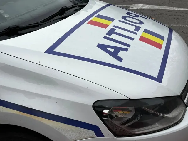 Capota unui autovehicul alb prezintă inscripția POLIȚIA și două dreptunghiuri colorate cu galben, roșu și albastru.