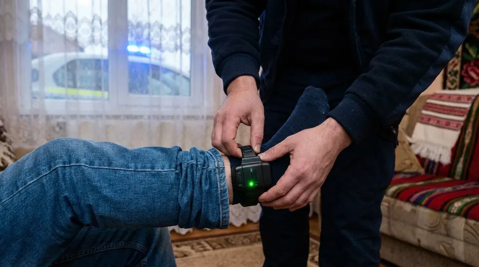 Un bărbat poartă o brățară neagră cu un indicator luminos verde pe glezna piciorului drept.