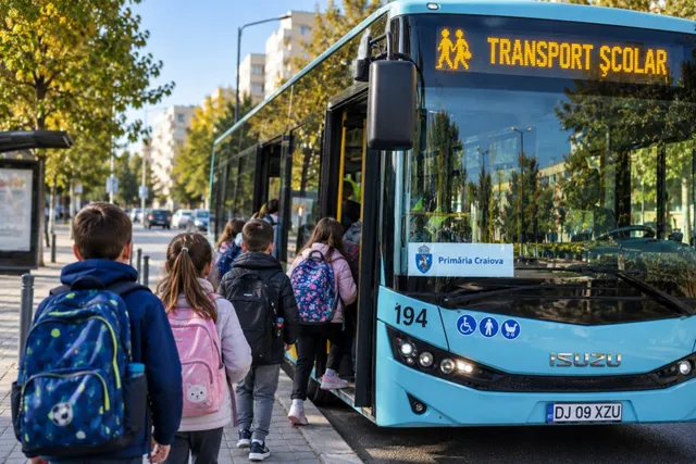 Copii cu rucsacuri urcă într-un autobuz albastru pe care scrie transport școlar.