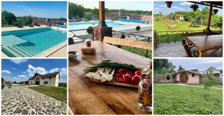 Montaj format din cinci fotografii prezentând o piscină, o masă cu alimente, o grădină cu loc de joacă, o casă și o curte cu iarbă.