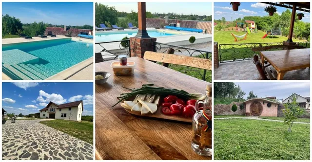Montaj format din cinci fotografii prezentând o piscină, o masă cu alimente, o grădină cu loc de joacă, o casă și o curte cu iarbă.
