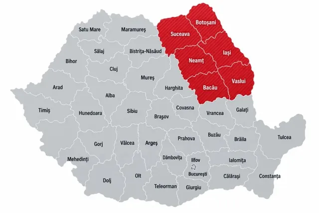 Harta României cu județele Botoșani, Suceava, Iași, Neamț, Bacău și Vaslui evidențiate în culoarea roșie pe un fundal gri.