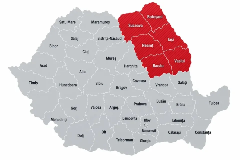 Harta României cu județele Botoșani, Suceava, Iași, Neamț, Bacău și Vaslui evidențiate în culoarea roșie pe un fundal gri.