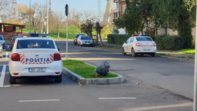 Două mașini de poliție albe sunt parcate pe un drum asfaltat lângă o zonă cu iarbă și copaci.