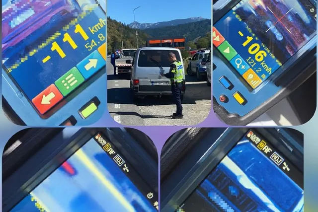 Un dispozitiv electronic afișează viteza de 111 km/h, în timp ce în fundal un polițist stă lângă un vehicul gri pe un drum.
