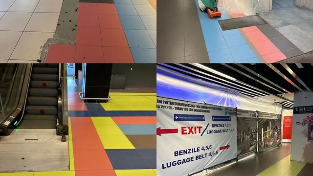 Colaj format din patru imagini prezentând secțiuni de pardoseală colorată cu forme geometrice și indicatoare de ieșire într-un spațiu interior cu scări rulante.