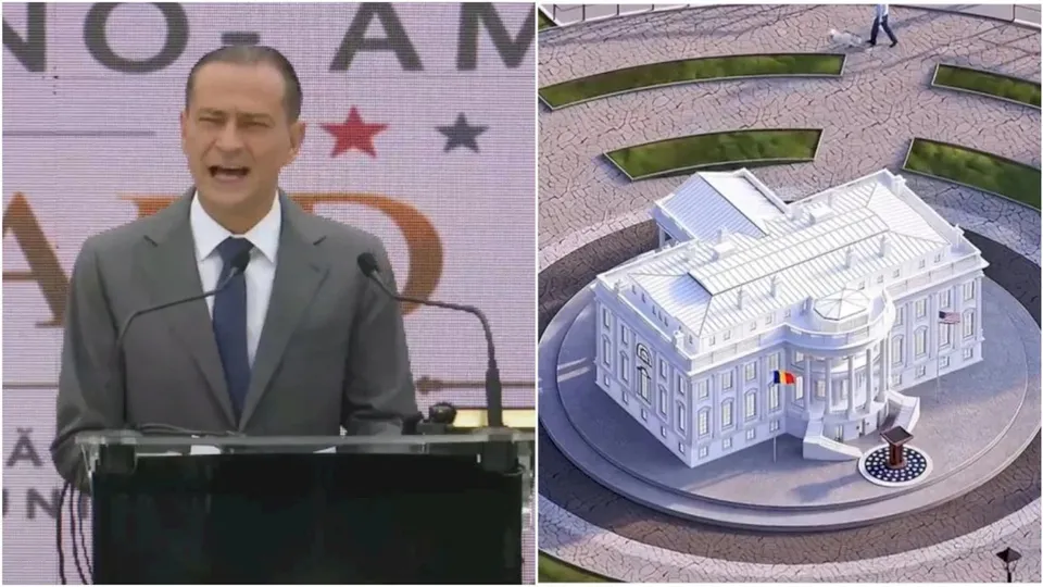 Un bărbat într-un costum gri și cravată stă în spatele unui podium, în timp ce în partea dreaptă apare o machetă a unei clădiri albe.