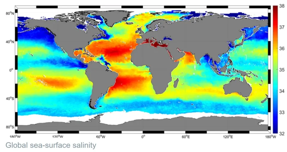 O hartă a lumii care prezintă variații de culoare pe suprafețele oceanice, cu o legendă colorată situată pe marginea dreaptă.