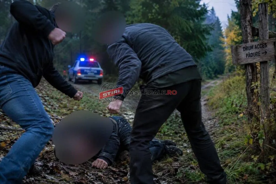 Doi bărbați stau în picioare lângă o persoană întinsă pe sol, în timp ce o mașină de poliție cu luminile aprinse este parcată pe un drum forestier.