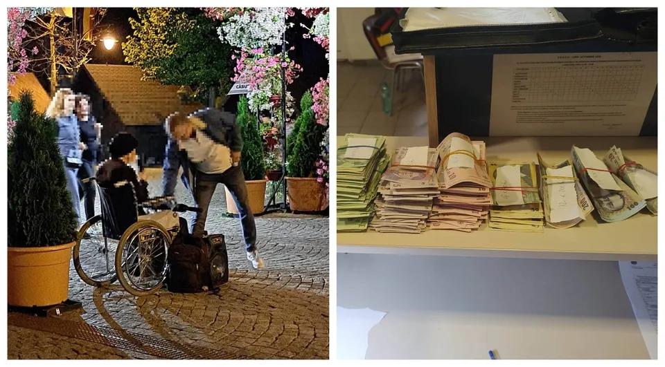 Imagine compusă cu un bărbat aplecat spre o persoană în scaun cu rotile și cu teancuri de hârtii depuse pe o masă de culoare deschisă.