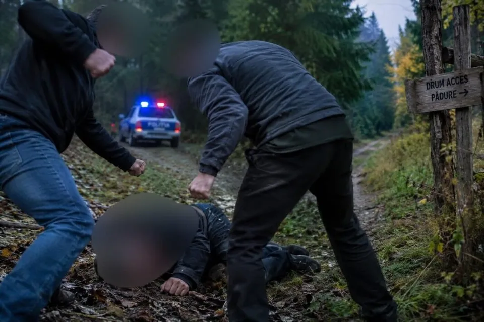 Trei persoane sunt implicate într-o scenă de luptă pe un drum de pădure, în timp ce o mașină de poliție cu girofaruri este parcată în fundal.