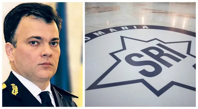 Un bărbat cu părul scurt și haine oficiale este prezentat lângă un logo cu stea și textul SRI pe un podea lucioasă.