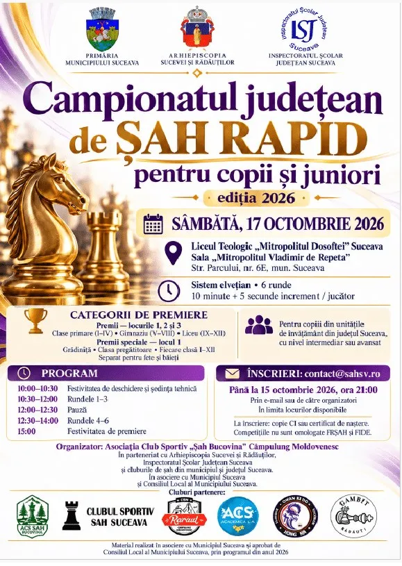 Un afiș informativ prezintă piese de șah aurii pe un fundal cu o clădire și diverse logouri și detalii textuale.