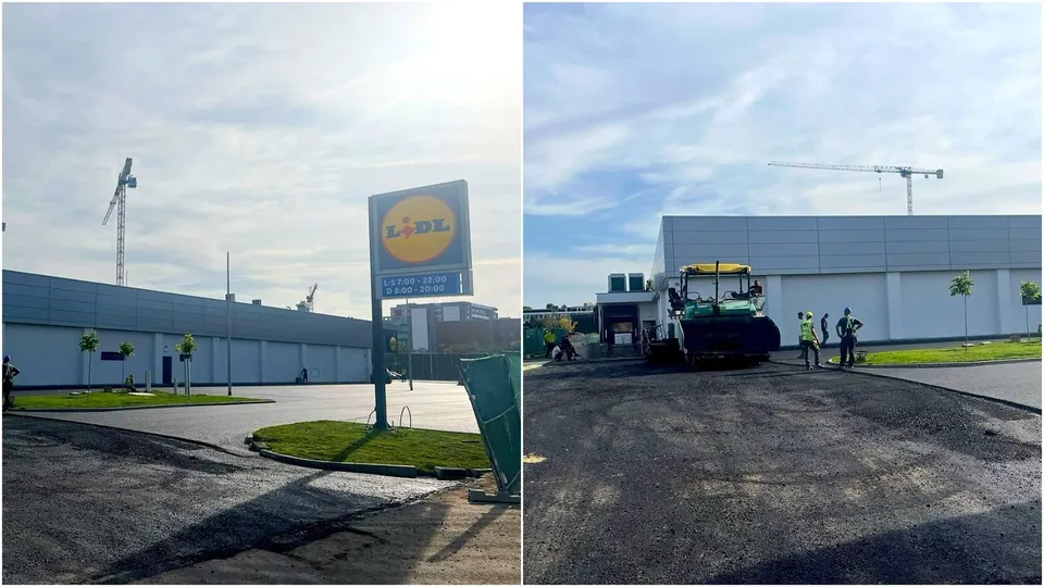 Două fotografii prezintă un teren asfaltat, un panou publicitar Lidl, o clădire albă lungă și o mașină de asfalt cu lucrători în apropiere.