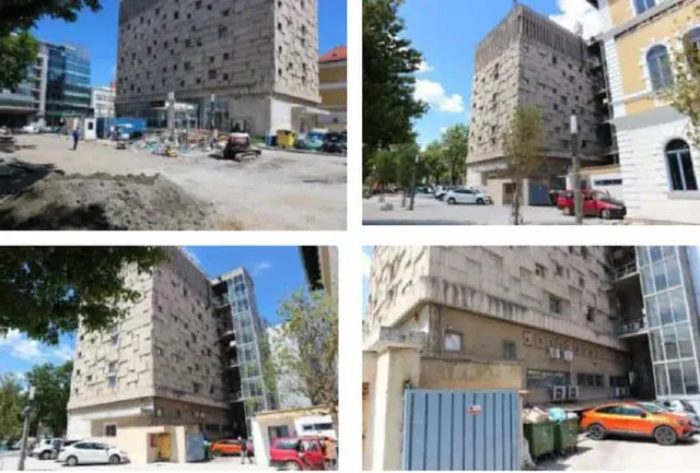 Patru fotografii prezintă un imobil înalt, gri, cu ferestre mici, situat în zone urbane cu mașini parcate, copaci și alte clădiri în jur.