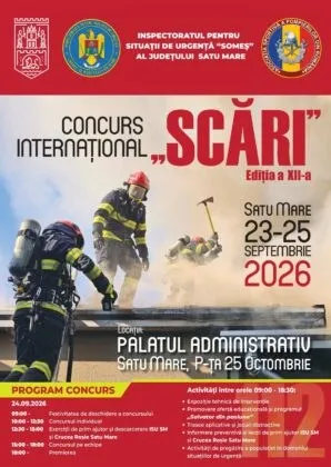 Un afiș prezintă trei pompieri în echipament de protecție, unul fiind în poziție de cădere pe o scară, sub un text mare roșu și negru.