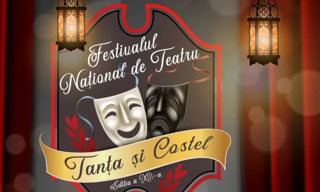 Un afiș cu două măști de teatru, una albă și una neagră, situat între două felinare suspendate pe un fundal cu draperii roșii.