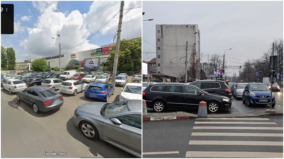 Două imagini side-by-side care arată un trotuar aglomerat cu mașini parcate, un trecător pentru pietoni și clădiri comerciale în fundal.