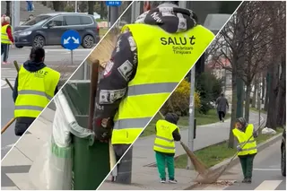 Un lucrător poartă o vestă reflectorizantă galbenă și folosește o uneltă de curățenie pe un drum asfaltat lângă copaci.