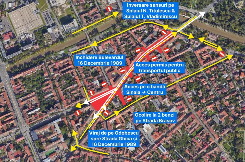 O hartă aeriană a unui cartier urban cu linii galbene, săgeți și diverse casete informative colorate suprapuse pe zonele cu străzi și clădiri.