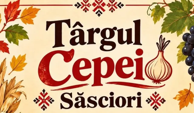 Un afiș cu textul Târgul Cepei Săsciori, decorat cu frunze colorate, struguri, o ceapă și motive geometrice tradiționale pe un fundal deschis la culoare.
