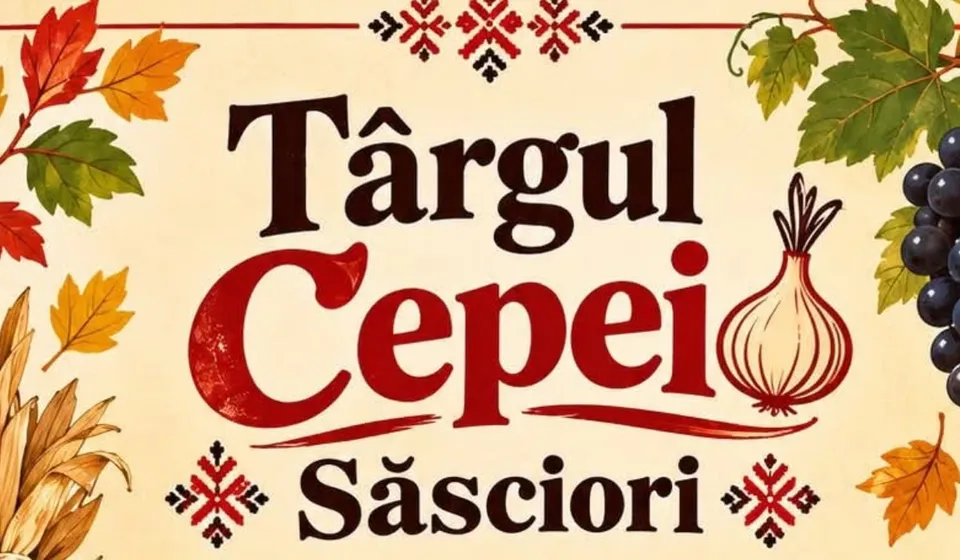 Un afiș cu textul Târgul Cepei Săsciori, decorat cu frunze colorate, struguri, o ceapă și motive geometrice tradiționale pe un fundal deschis la culoare.