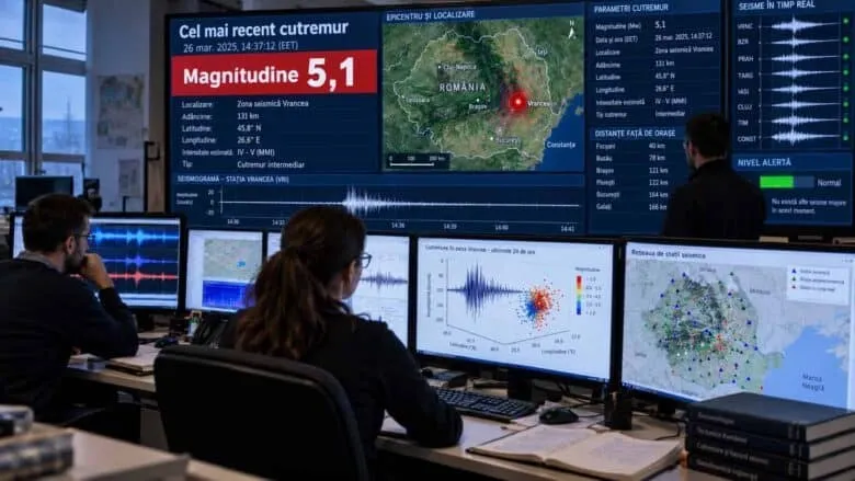 Două persoane stau la birou în fața mai multor monitoare care afișează hărți, grafice și date numerice într-o încăpere întunecată.