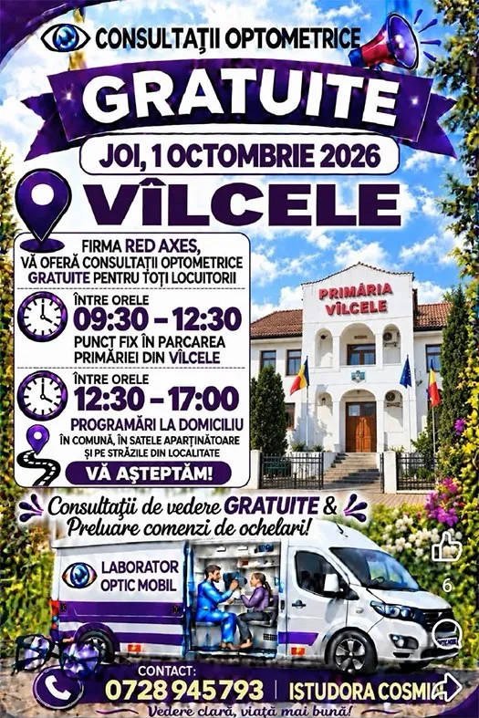 Un afiș informativ prezintă textul despre consultații optometrice gratuite, un camion alb cu inscripții și o fotografie a unei clădiri de primărie sub un cer albastru.