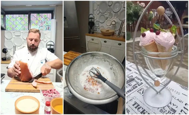 Un bărbat cu șorț alb taie o bucată de carne pe un tocător de lemn lângă un bol cu lichid galben.