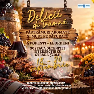 Un afiș cu text pe fundal format din un butoi de lemn, struguri, un carafă cu lichid închis la culoare și preparate de pe o masă.