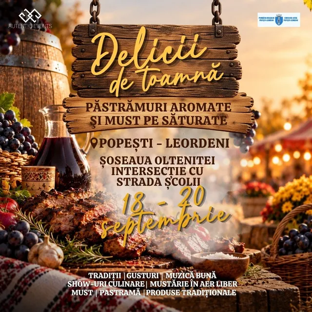 Un afiș cu text pe fundal format din un butoi de lemn, struguri, un carafă cu lichid închis la culoare și preparate de pe o masă.