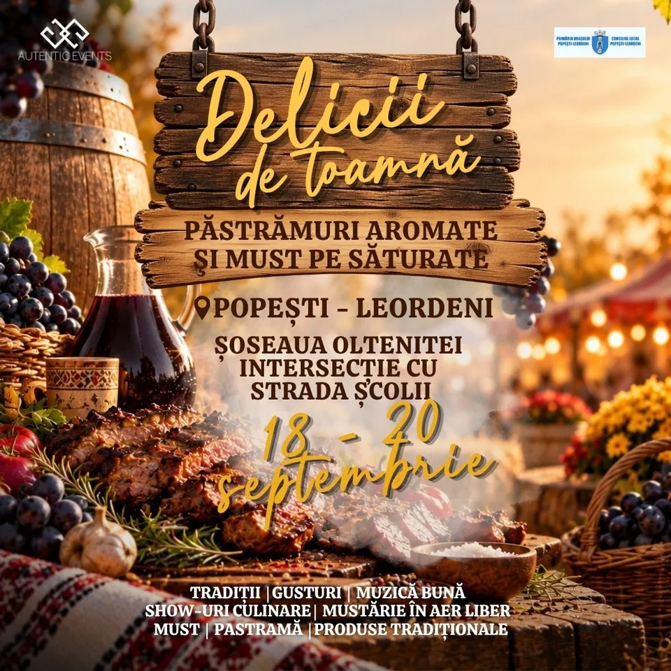 Un afiș cu text pe fundal format din un butoi de lemn, struguri, un carafă cu lichid închis la culoare și preparate de pe o masă.