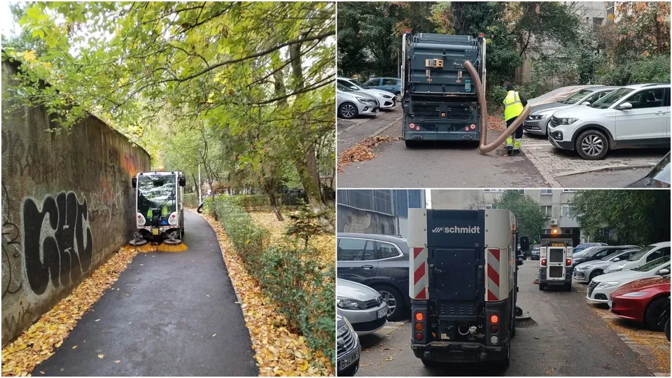 Un vehicul de salubrizare este parcat pe un drum îngust lângă un gard cu graffiti, în timp ce un lucrător poartă vestă reflectorizantă.