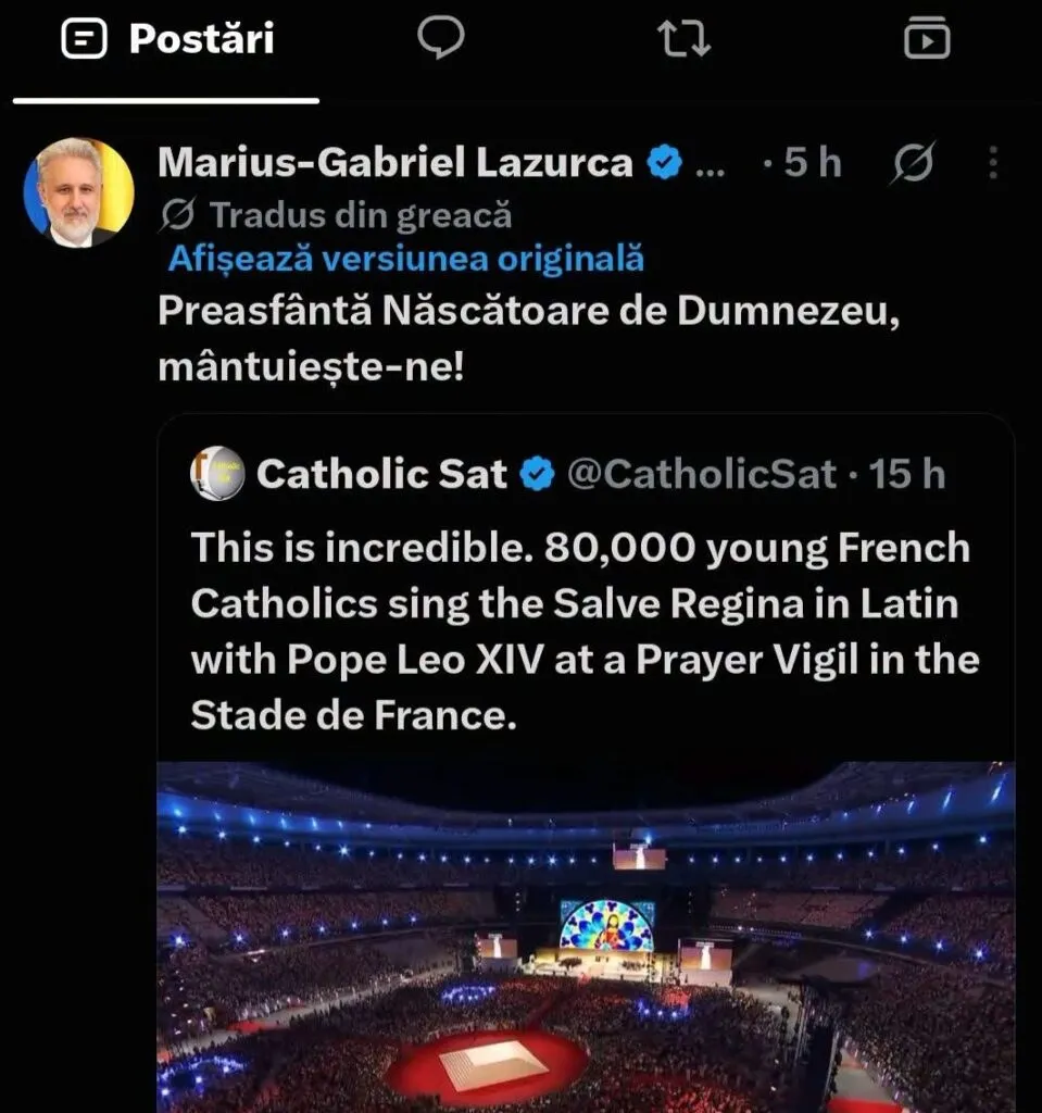 O captură de ecran a unui post pe platforma X care conține un text în limba română și un tweet cu o fotografie a unui stadion umplut.